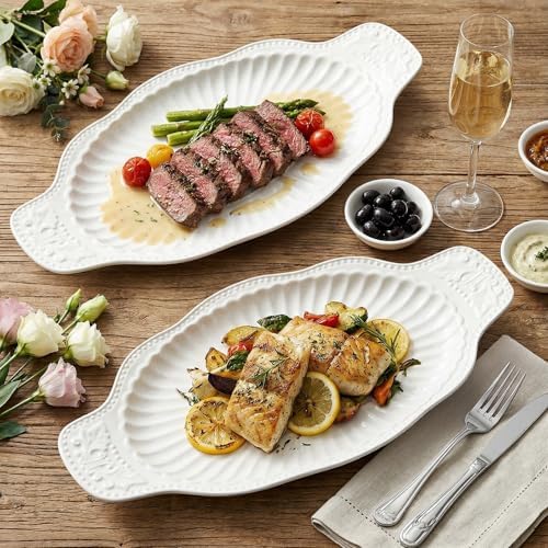 2 Pack Porcelain Oval Serving Platters, 14 Inch Large Embossed White Serving Plates for Entertaining, Oven Safe, alternate