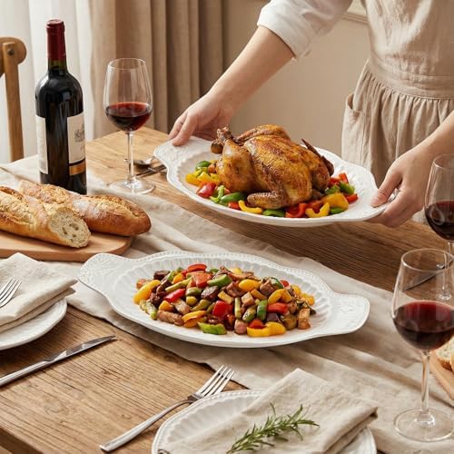 2 Pack Porcelain Oval Serving Platters, 14 Inch Large Embossed White Serving Plates for Entertaining, Oven Safe, alternate