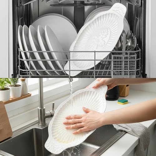 2 Pack Porcelain Oval Serving Platters, 14 Inch Large Embossed White Serving Plates for Entertaining, Oven Safe, alternate