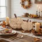 2 Pack Pumpkin Fall Decor, Woven Wicker Pumpkins for Home, Beige in Beige, alternate view 2