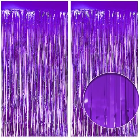 2 Pack Purple Fringe Backdrop, 3.2x8.2ft Shining Foil Tinsel Curtains, Birthday Party Decorations Door Streamers