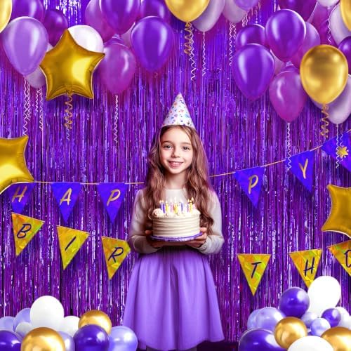 2 Pack Purple Fringe Backdrop, 3.2x8.2ft Shining Foil Tinsel Curtains, Birthday Party Decorations Door Streamers, alternate