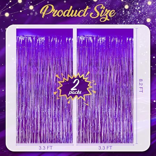 2 Pack Purple Fringe Backdrop, 3.2x8.2ft Shining Foil Tinsel Curtains, Birthday Party Decorations Door Streamers, alternate