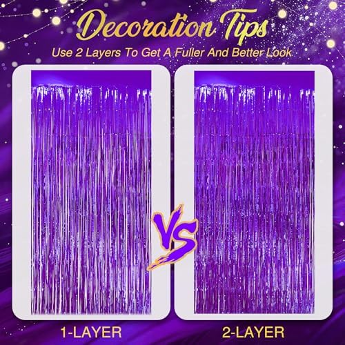 2 Pack Purple Fringe Backdrop, 3.2x8.2ft Shining Foil Tinsel Curtains, Birthday Party Decorations Door Streamers, alternate