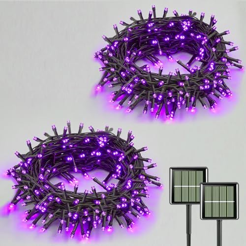 2 Pack Purple Solar Halloween Lights, Each 33ft 100 LED Solar String Lights Outdoor Waterproof, 8 Modes Solar