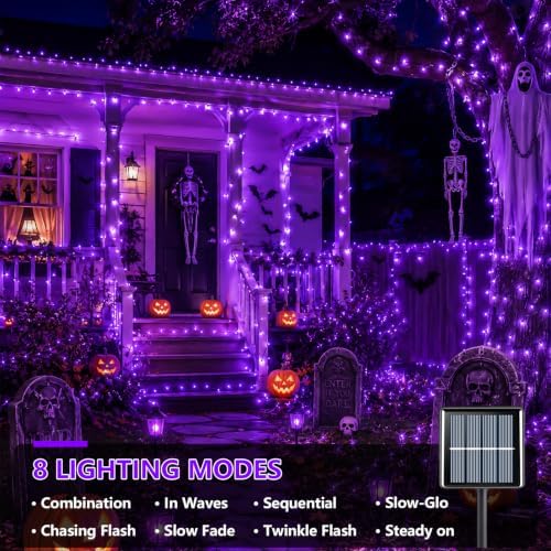 2 Pack Purple Solar Halloween Lights, Each 33ft 100 LED Solar String Lights Outdoor Waterproof, 8 Modes Solar, alternate view