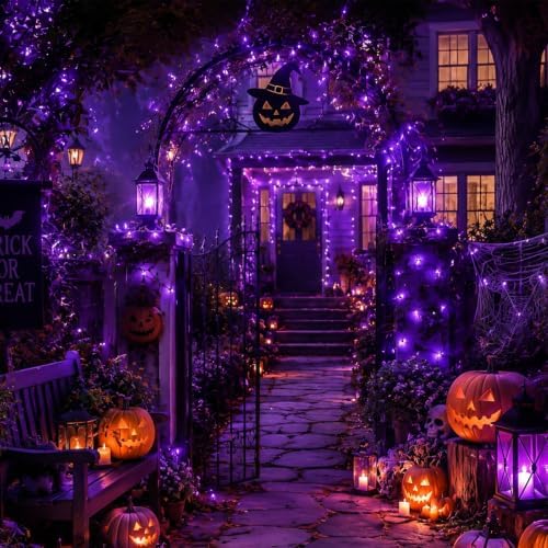 2 Pack Purple Solar Halloween Lights, Each 33ft 100 LED Solar String Lights Outdoor Waterproof, 8 Modes Solar, alternate view