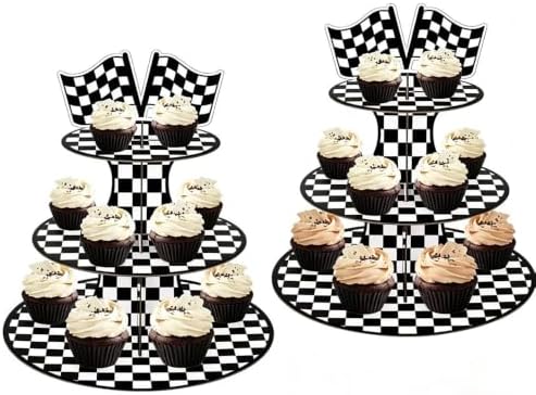 2 Pack Racing 3 Tier Cupcake Stand Checkered Flag Cardboard Tower Holder in Race-2PCS