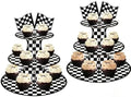 2 Pack Racing 3 Tier Cupcake Stand Checkered Flag Cardboard Tower Holder in Race-2PCS