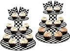 2 Pack Racing 3 Tier Cupcake Stand Checkered Flag Cardboard Tower Holder in Race-2PCS
