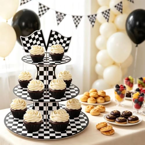 2 Pack Racing 3 Tier Cupcake Stand Checkered Flag Cardboard Tower Holder in Race-2PCS, alternate view 2