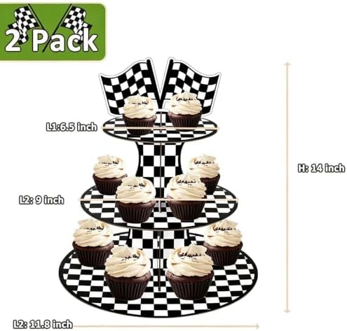 2 Pack Racing 3 Tier Cupcake Stand Checkered Flag Cardboard Tower Holder in Race-2PCS, alternate view 3