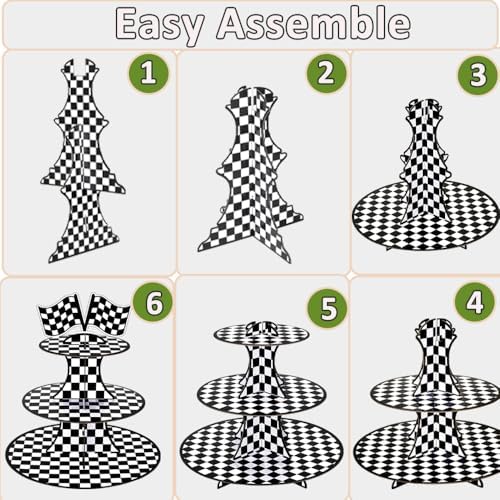 2 Pack Racing 3 Tier Cupcake Stand Checkered Flag Cardboard Tower Holder in Race-2PCS, alternate view 4
