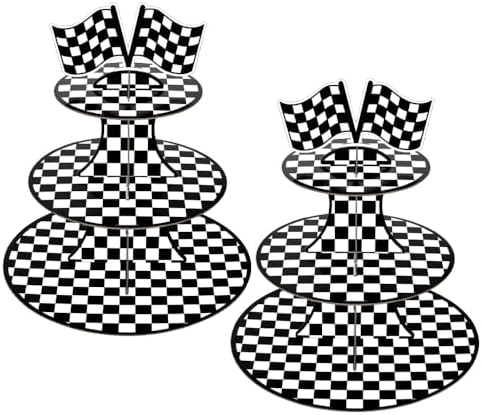 2 Pack Racing 3 Tier Cupcake Stand Checkered Flag Cardboard Tower Holder in Race-2PCS, alternate view 5