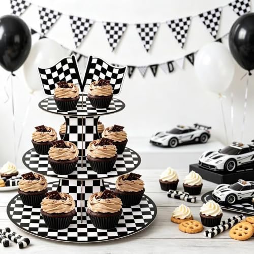 2 Pack Racing 3 Tier Cupcake Stand Checkered Flag Cardboard Tower Holder in Race-2PCS, alternate view 7