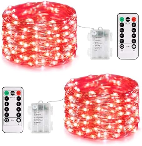 2 Pack Red Fairy Lights Battery Operated, Total 200 LED 66ft