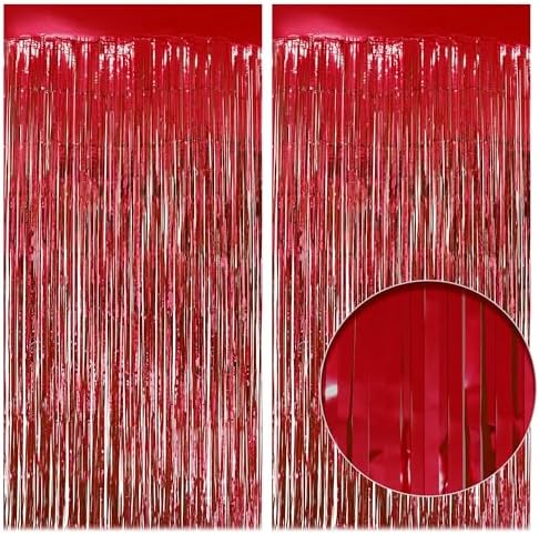 2 Pack Red Fringe Backdrop, 3.2x8.2ft Shining Foil Tinsel Curtains, Birthday Party Decorations Door Streamers