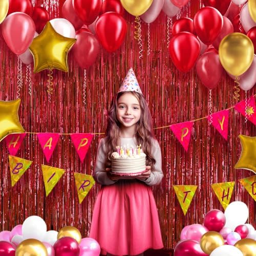 2 Pack Red Fringe Backdrop, 3.2x8.2ft Shining Foil Tinsel Curtains, Birthday Party Decorations Door Streamers, alternate view