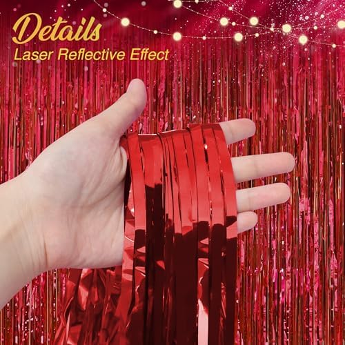 2 Pack Red Fringe Backdrop, 3.2x8.2ft Shining Foil Tinsel Curtains, Birthday Party Decorations Door Streamers, alternate view