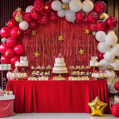 2 Pack Red Fringe Backdrop, 3.2x8.2ft Shining Foil Tinsel Curtains, Birthday Party Decorations Door Streamers, alternate view