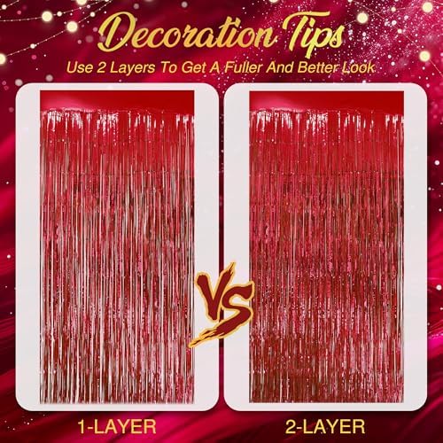 2 Pack Red Fringe Backdrop, 3.2x8.2ft Shining Foil Tinsel Curtains, Birthday Party Decorations Door Streamers, alternate view