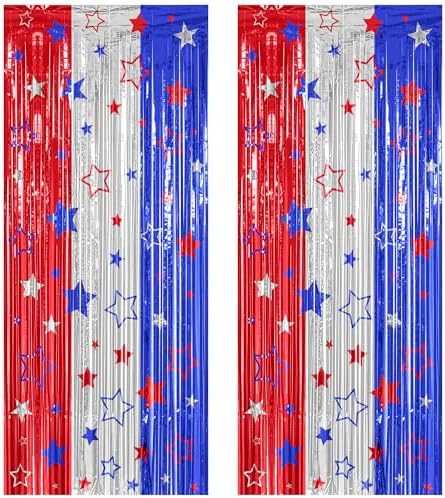 2 Pack Red Silver Blue Foil Curtain Streamer Decorations in 4th of July