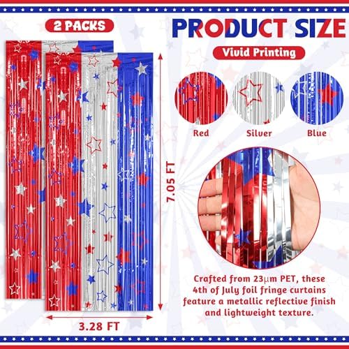 2 Pack Red Silver Blue Foil Curtain Streamer Decorations in 4th of July, alternate view 2