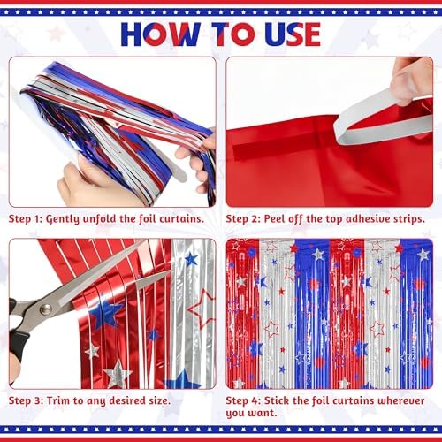 2 Pack Red Silver Blue Foil Curtain Streamer Decorations in 4th of July, alternate view 4