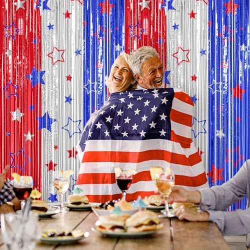 2 Pack Red Silver Blue Foil Curtain Streamer Decorations in 4th of July, alternate view 5