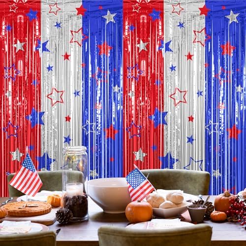 2 Pack Red Silver Blue Foil Curtain Streamer Decorations in 4th of July, alternate view 6