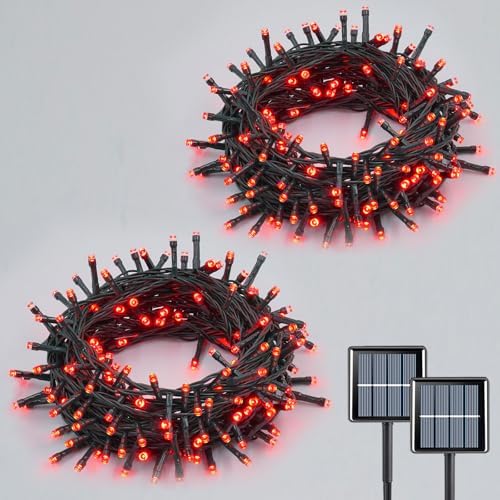 2 Pack Red Solar Halloween Lights, Each 33ft 100 LED Solar String Lights Outdoor Waterproof, 8 Modes Solar