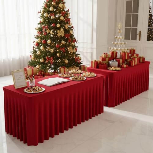 2 Pack Red Tablecloths Spandex Table Covers 4ft for Christmas Decor in 24x48 Inch| 2 Pack in Red, alternate view 4