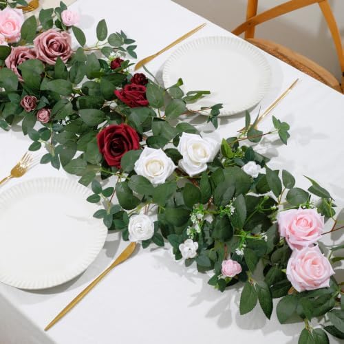 2 Pack Red White Rose Garland, 11.2 Ft Artificial Flower Vines for Decor in Mix Red