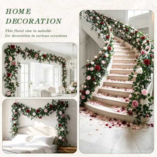 2 Pack Red White Rose Garland, 11.2 Ft Artificial Flower Vines for Decor in Mix Red, alternate view 6