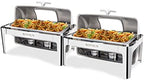 2 Pack Roll Top Chafing Dish Buffet Set, 9 Quart Rectangular Stainless Steel Chafer for Catering, Buffet Servers