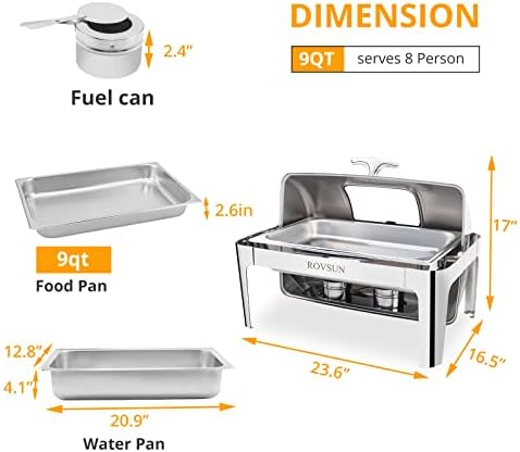 2 Pack Roll Top Chafing Dish Buffet Set, 9 Quart Rectangular Stainless Steel Chafer for Catering, Buffet Servers, alternate