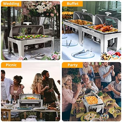 2 Pack Roll Top Chafing Dish Buffet Set, 9 Quart Rectangular Stainless Steel Chafer for Catering, Buffet Servers, alternate