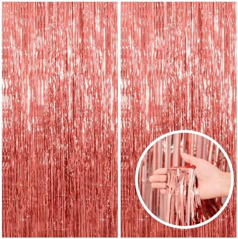 2 Pack Rose Gold Fringe Curtain Backdrop Birthday Bachelorette Party Decorations Metallic Tinsel Streamers Foil