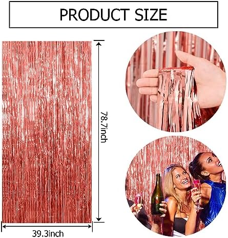 2 Pack Rose Gold Fringe Curtain Backdrop Birthday Bachelorette Party Decorations Metallic Tinsel Streamers Foil, alternate