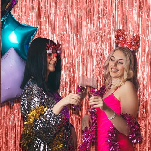 2 Pack Rose Gold Fringe Curtain Backdrop Birthday Bachelorette Party Decorations Metallic Tinsel Streamers Foil, alternate