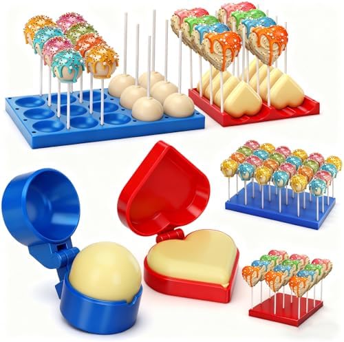2 Pack Round and Heart Cake Pop Mold Press Set with Display Stand-capable Tray, Circle Cake Pop Cutter and