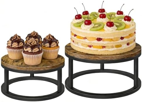 2 Pack Rustic Round Cake Stand Set, 10/12 Inch Cupcake Pedestal Stands in Black