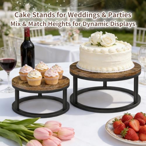 2 Pack Rustic Round Cake Stand Set, 10/12 Inch Cupcake Pedestal Stands in Black, alternate view 4