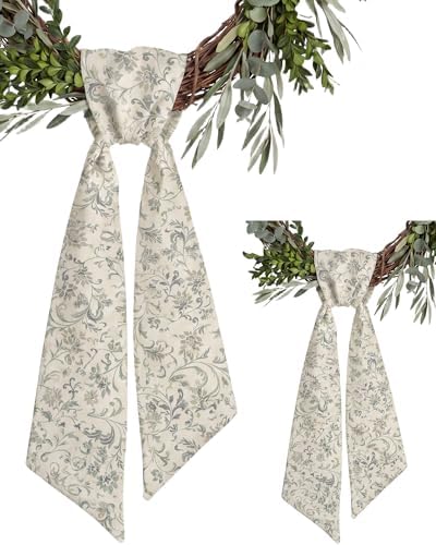 2 Pack Sage Green Floral Wreath Sashes for Front Door, Matching Chinoiserie Scroll Ribbon Pair, 55 Inch Cream