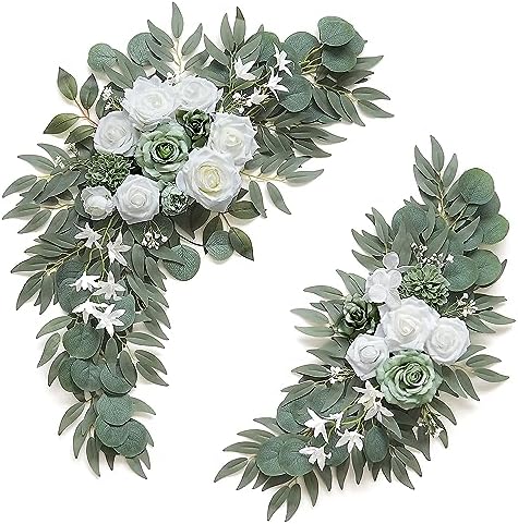 2-Pack Sage Green & White Wedding Flower Swag Set, Large: 35.43"L x 14.56"W, Small: 24.80"L x 12.99"W