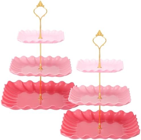 2 Pack Scalloped Cupcake Stand Dessert Plates Plastic Square Tiered Serving Stand Display Tower for Wedding