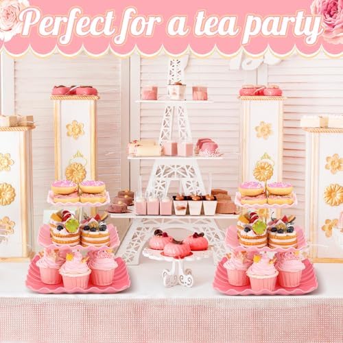 2 Pack Scalloped Cupcake Stand Dessert Plates Plastic Square Tiered Serving Stand Display Tower for Wedding, alternate view 2
