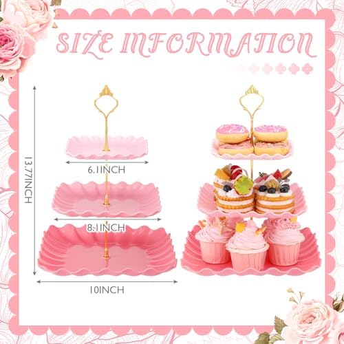 2 Pack Scalloped Cupcake Stand Dessert Plates Plastic Square Tiered Serving Stand Display Tower for Wedding, alternate view 3