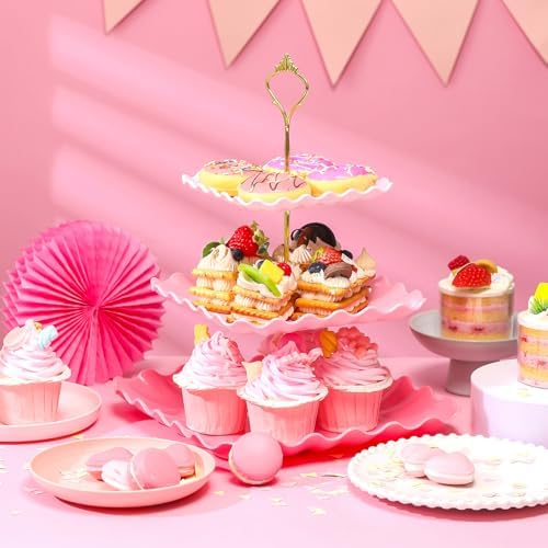 2 Pack Scalloped Cupcake Stand Dessert Plates Plastic Square Tiered Serving Stand Display Tower for Wedding, alternate view 4