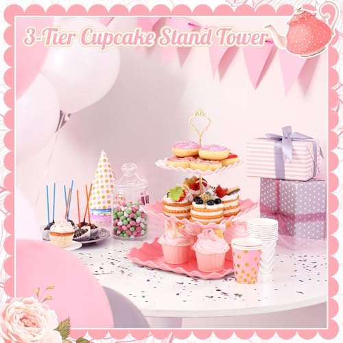 2 Pack Scalloped Cupcake Stand Dessert Plates Plastic Square Tiered Serving Stand Display Tower for Wedding, alternate view 6